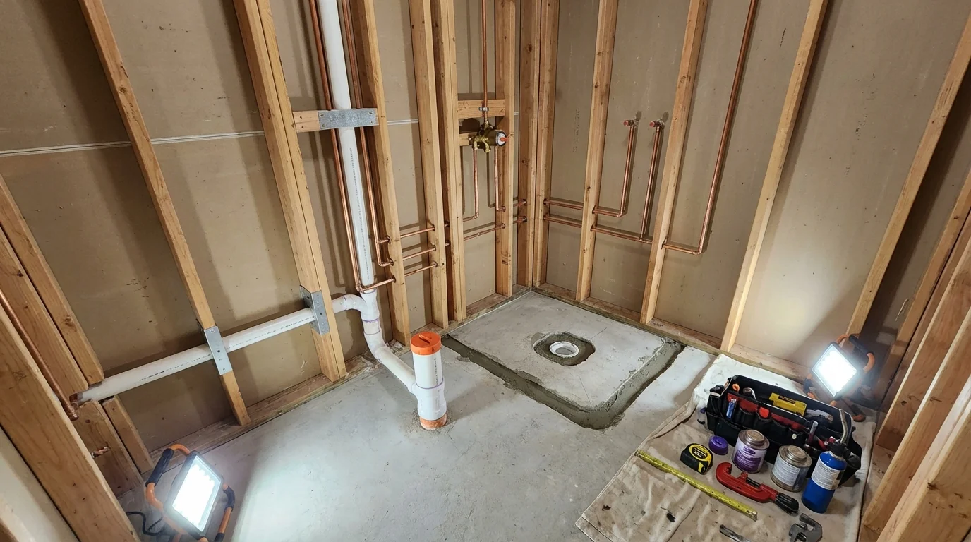Bathroom rough-in plumbing during remodel by Johns Plumbing LLC in Osgood