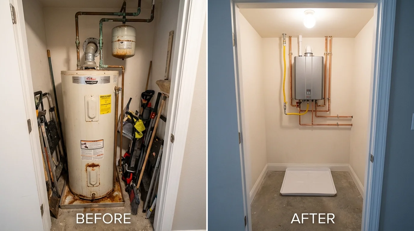 Tank water heater versus wall-mounted tankless unit comparison for Osgood, IN homeowners