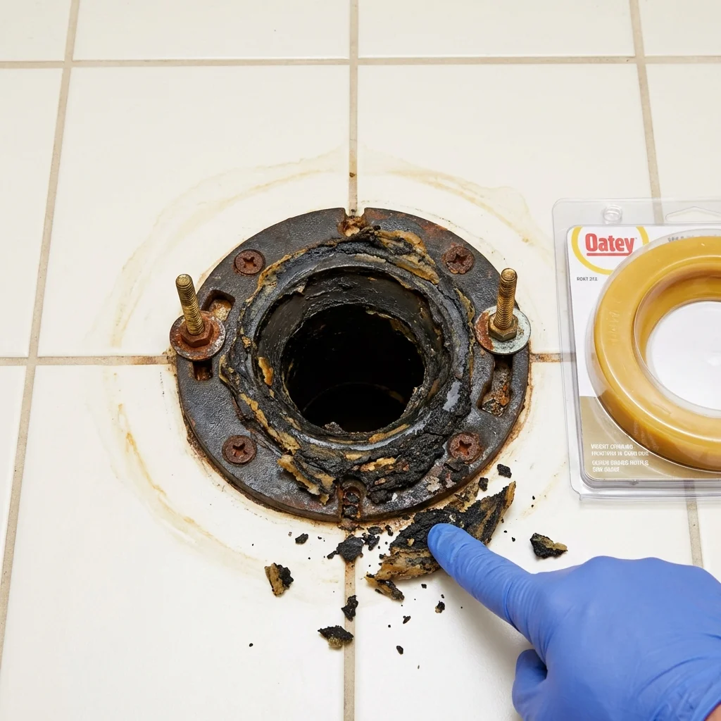 Failed wax ring showing water seepage at the base of a toilet in a Osgood, IN home