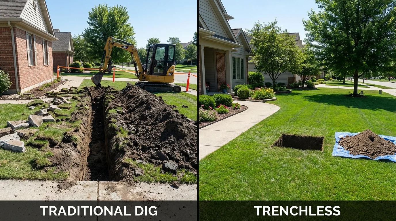 Trenchless sewer repair with minimal yard damage versus traditional excavation in Osgood, IN